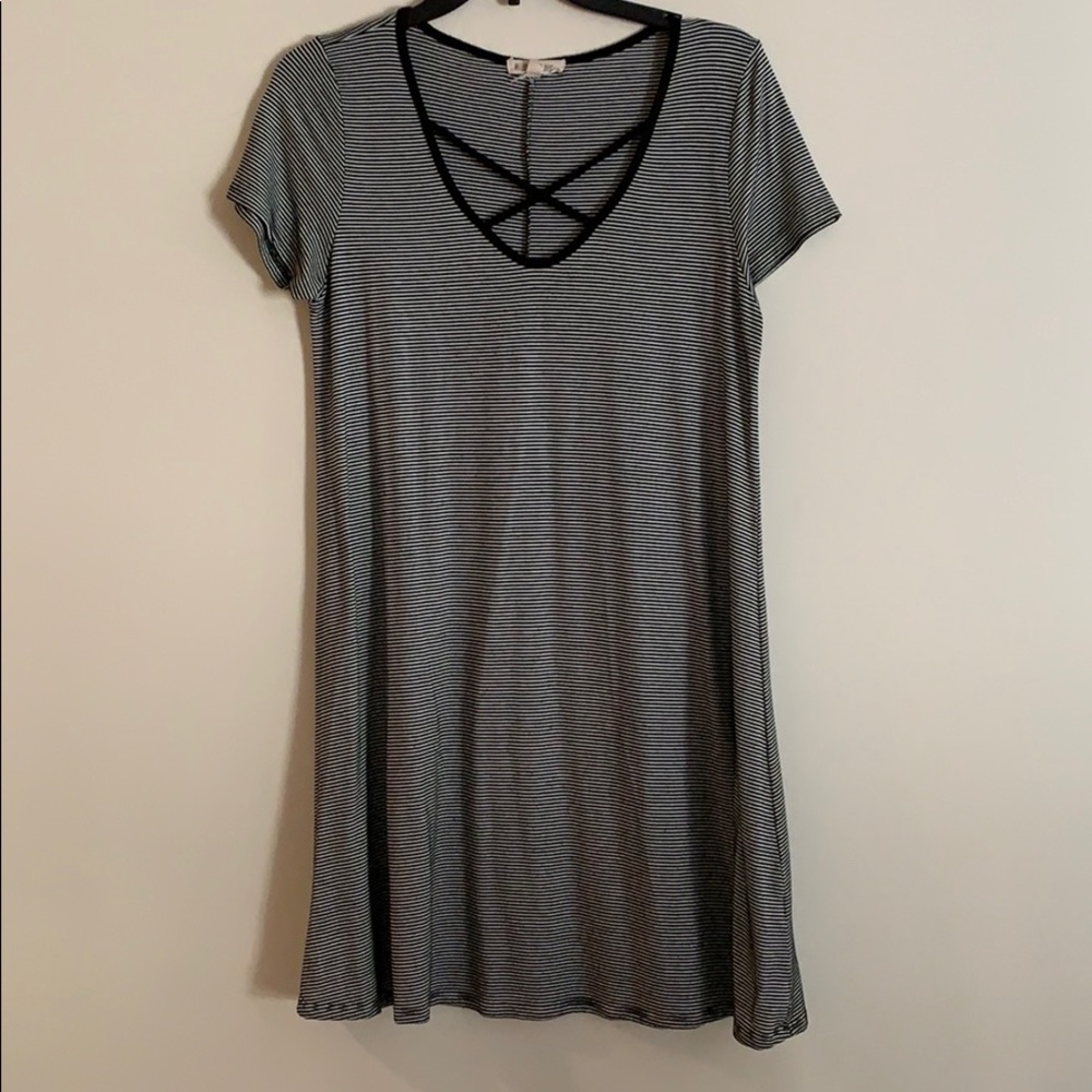 Black and grey striped shirt sleeve dress